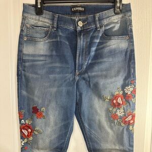 Express Skinny Jeans Legging Blue Denim Embroidered Floral High Rise SIZE 10